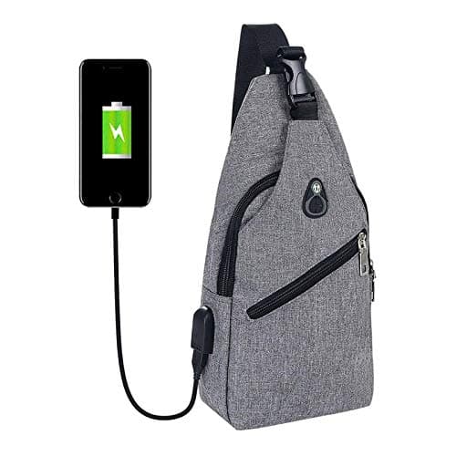 flintronic Sling Bag, Men Women Chest Bag with USB Charging Port & Earphone Port, Lightweight Crossbody bag for Hiking, Walking, Cycling, Traveling (Include 1* Climbing Hook & 1*USB Cable)