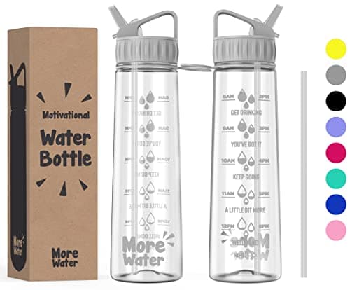 More Water Bottle With Straw, Motivational Time Markings 900ml - Drinking Tracker Bottles - Times to Drink - BPA Free Sports Bottles