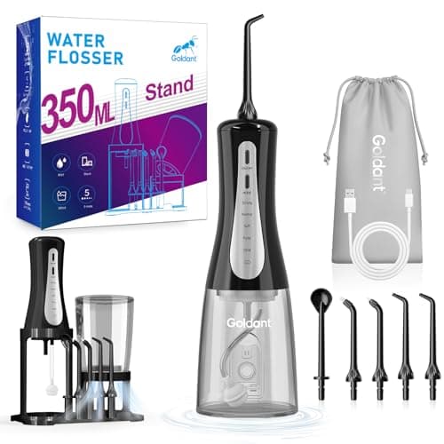GOLDANT 2026 New 350ML Water Flosser with Drainage & Storage Stand, Keeps Dry & Clean, Travel Bag, 5 Modes, 360°Nozzle, Cordless Rechargeable, IPX7 Waterproof, Portable for Home & Travel (Black)