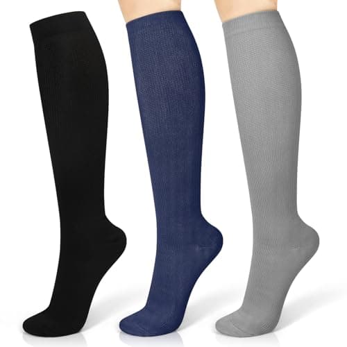 3 Pairs Compression Socks 15-20 mmhg for Men & Women, Support Socks Compression Stockings for Running, Swelling, Nurse, Flight, Nurses,Edema (Black+Navy Blue+Gray, S/M)
