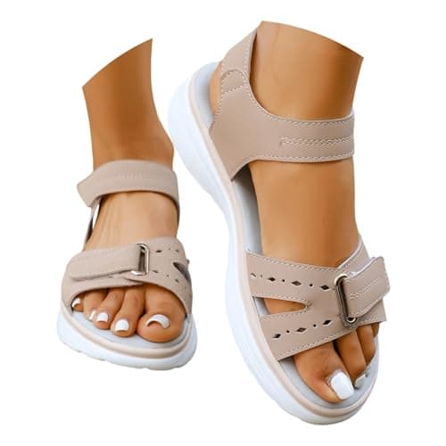 Orthopedic Sandals for Women UK Plantar Fasciitis Comfort Wedge Sandals Open Toe Ankle Strap Sandal Summer Wide Fit Cushion Walking Shoes Ladies Casual Summer Sandal with Arch Support 1-Beige, 6