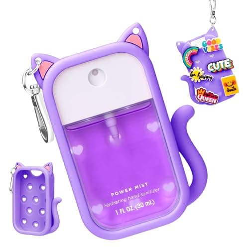 FrostyFlair Small Silicone Protective Case for 30ml Hand Sanitiser Bottles - Portable Cat-Shaped Cover with 6 Charms and Keyring (1 Piece, Purple)