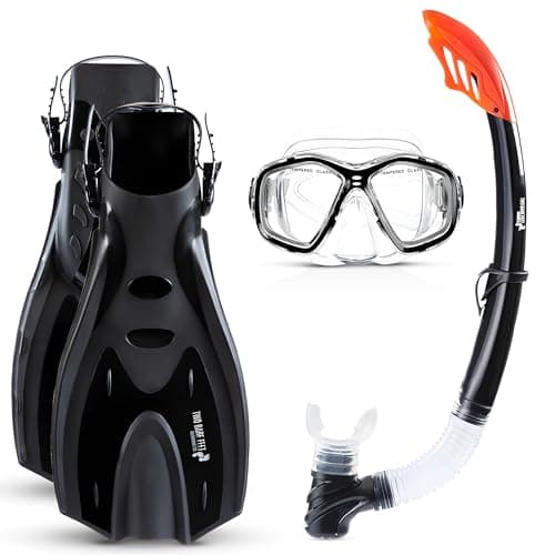 Two Bare Feet Snorkel, Mask and Fins/Flippers PVC Snorkelling Set (Adults) With Anti Fog and Wide View Mask, Anti-Leak, Tempered Glass - Scuba Dive Snorkelling Sets (L/XL (UK9-13), Black)
