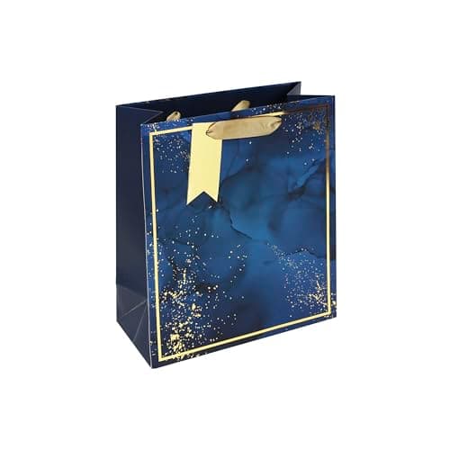 Eurowrap Blue Marble Medium Gift Bag – Luxury Gold-Lined Paper Gift Bag with Ribbon Handle – Elegant Birthday, Father's Day or Celebration Gift Wrap for Her or Him
