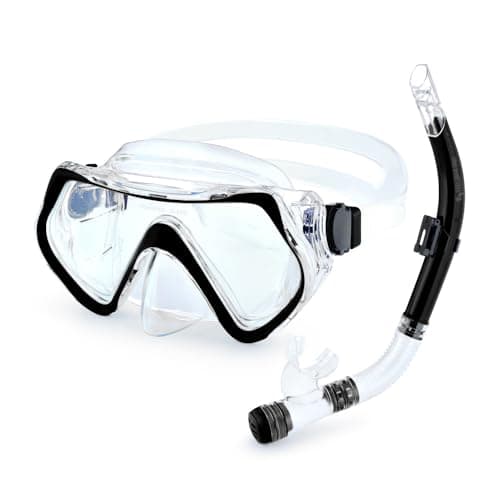 Two Bare Feet Adult PVC Snorkel & Mask Set – Anti-Fog Tempered Glass Diving Mask with Adjustable Snorkel for Snorkelling, Swimming & Scuba Diving (Black)