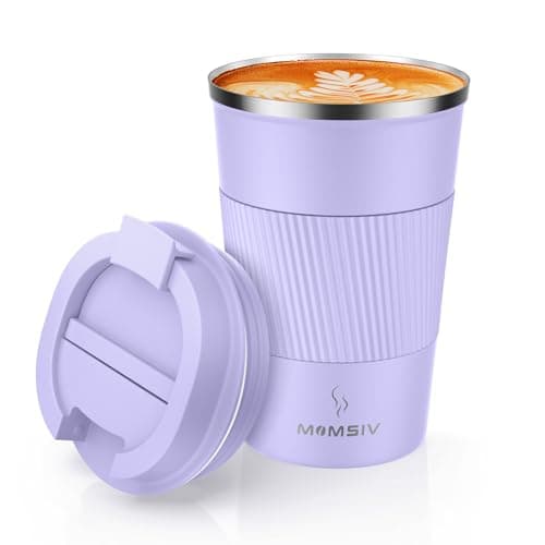 MOMSIV Coffee Cup, Insulated Coffee Cup with Leakproof Lid, Non-Slip Vacuum Reusable Stainless Steel Eco-Friendly Travel Office Mug for Hot and Cold Water Coffee and Tea, 380ml/13oz(Purple)