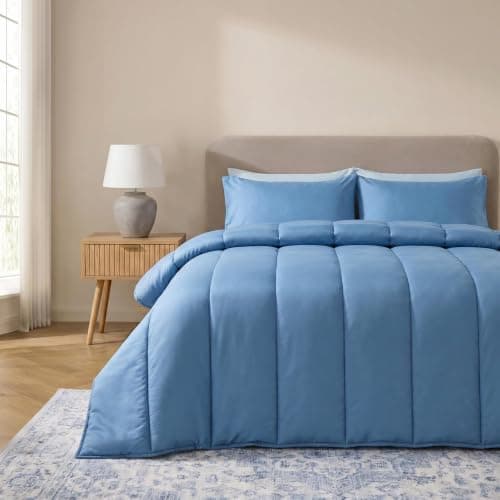 OHS Single Coverless Duvet, 10.5 Tog Quilt Duvet with Pillowcase - Blue