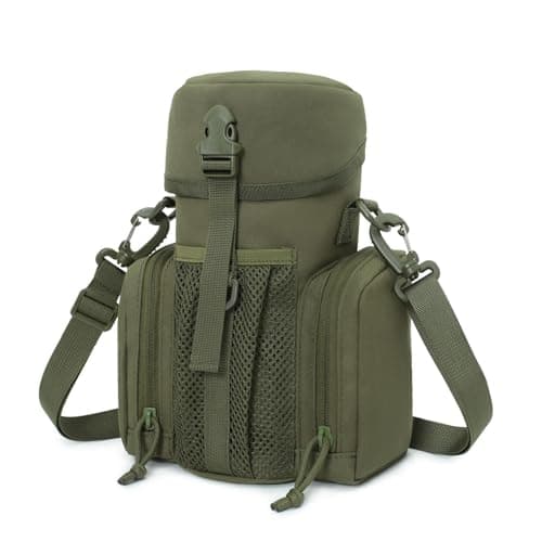 Gexgune Molle Water Bottle Pouch for 64 oz Wide Mouth Bottles - Military Grade Hydration Carrier with Adjustable Shoulder Strap, 2 Zipper Pockets & Front Mesh Pocket (Green)