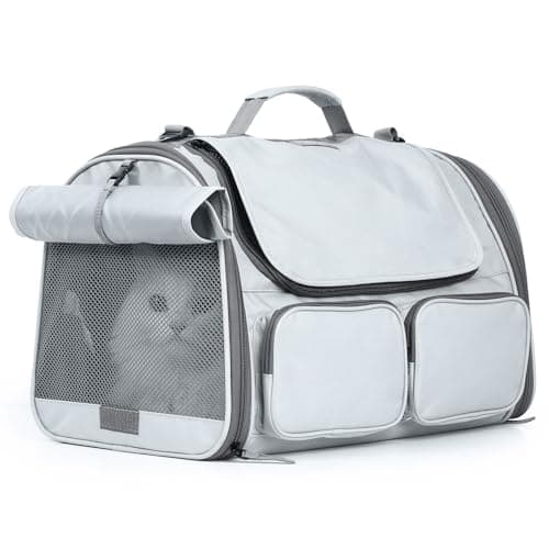 FUKUMARU Cat Carrier, Soft-Sided Small Dog Carrier, Large Cat Travel Bag with 4 Mesh Windows, Airline Approved Pet Carrier with 4 Storage Pockets, Rollable Cover for Nervous Pets, Grey