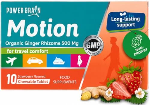 Travel & Motion Sickness Tablets - 500mg Chewable Ginger Rhizome Tablets - Non-Drowsy Nausea & Vomiting Relief - 10 Tablets (Strawberry)