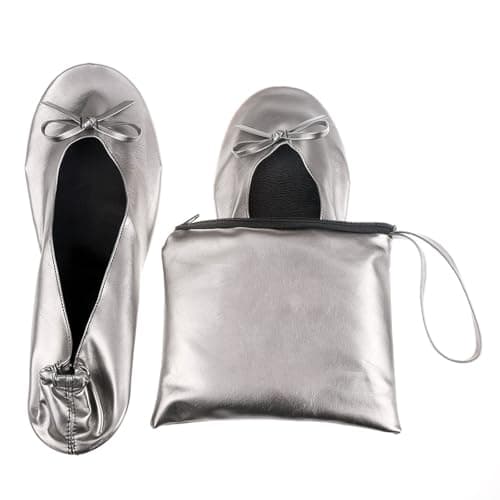 Momolaa UK 8.5 Ladies Roll up Shoesportable Travel Ballet Flat Fold up Pumps After Party Shoes Slipper (with Carrier Pouch) A0_Clearance Grey