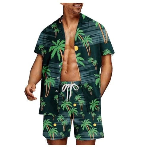 Set Shirt Shorts Men Big Size Hawaiian Printed Tee Shirt Short Sleeve Button Shorts Elastic Waist Loose Drawstring Pockets Casual Lightweight Beach Travel Set
