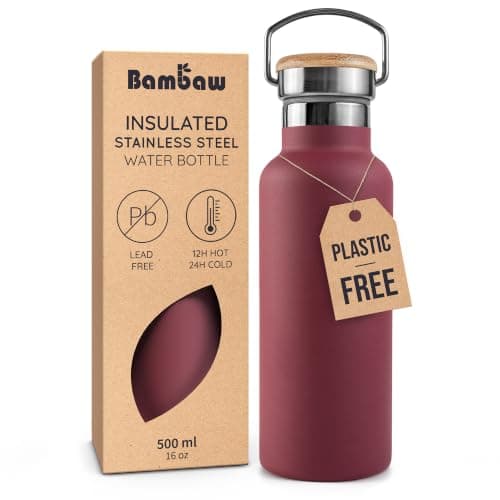Bambaw Stainless Steel Insulated Water Bottle 500ml, Double-Walled Metal Water Bottles 500ml, Sturdy, Leak-Proof & Lightweight, Easy to Clean & Great for Travel (Red Berry)