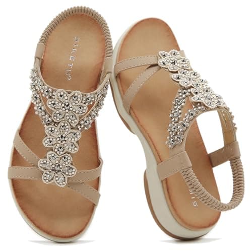 ZDQ Sandals for Women Summer Ladies Bohemian Flat Sandals with Rhinestone Comfortable Arch Support Slip On Holiday Sandals Beige 6.5