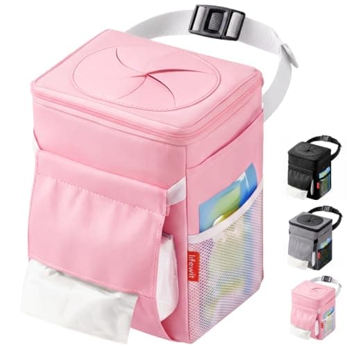 Lifewit Car Bin with Lid, Hanging Trash Bag with Tissue Holder, Pink