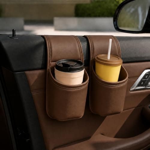 Leather Car Door Cup Holder Clip-On Side Window,Car Door Storage Pocket