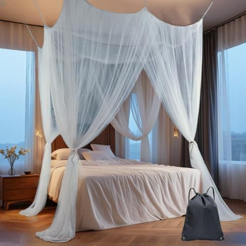MC-Hotfire Mosquito Net for Single and Double Beds (210×190×240 cm) – White 4-Corner Bed Canopy with 4 Openings, Includes Hanging Kit & Carry Bag – Fine Mesh Insect Net for Bedroom, Camping & Travel