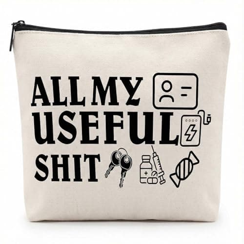Large Cream Canvas Makeup & Toiletry Bag for Travel and Commuting - Spacious Zipper Pouch for Cosmetics, Electronics, Snacks, Chargers, and Essential Storage with Humorous Design All My Useful Shit