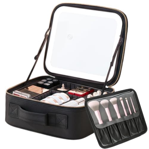 Makeup Bag with LED Mirror, Cosmetic Travel Bag with Light up Mirror, Portable Vanity Case with Adjustable Dividers, Makeup Brush Holder Storage
