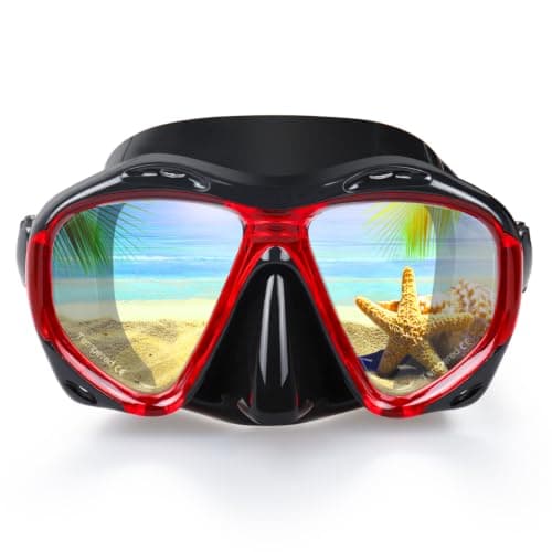 Snorkel Diving Mask Panoramic HD Swim Mask, Anti-Fog Scuba Diving Goggles,Tempered Glass Dive Mask Adult Youth Swim Goggles with Nose Cover for Diving, Snorkeling, Swimming (B-Red)