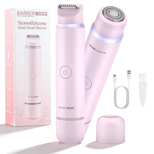 BarberBoss 2-in-1 Lady Shaver for Women, Bikini & Facial Hair Remover Kit, Dual-Head Face & Body Trimmer with Precision Light, Rechargeable Travel Trimmer Set, QR-8202, Pink