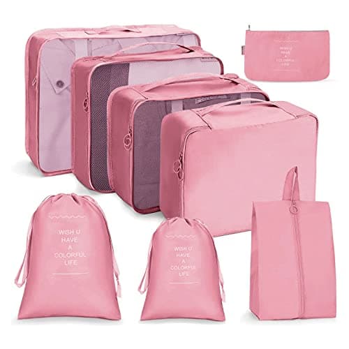 OSDUE Packing Cubes for Suitcase, 8 PCS Travel Organiser Packing Bags Lightweight Waterproof Luggage Packing Organizers for Clothes Shoes, Travel Accessories, Pink