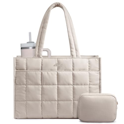 LOVEVOOK Laptop Tote Bags for Women, 15.6 Inch Puffer Handbags with a Built-in Large Water Bottle Pocket, Quilted Shoulder Bag for Work Teacher College School Business Gym
