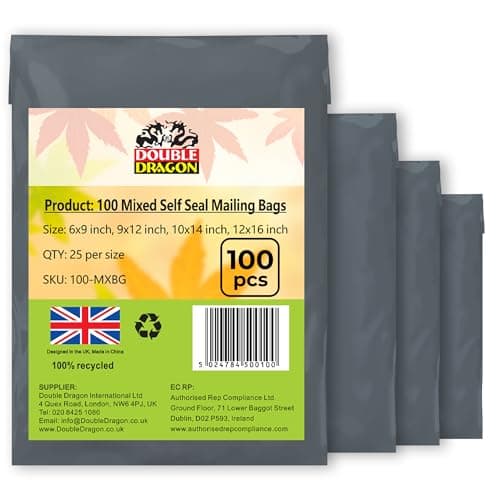 Double Dragon 100-Pack 4 Size (4x9/9x12/10x14/12x16 inches, 25 Each) Self-Seal Grey Poly Mailer Bags | Strong, Waterproof, Tamper-Proof Polythene Packaging for Clothes, Parcels (Also for Storage)