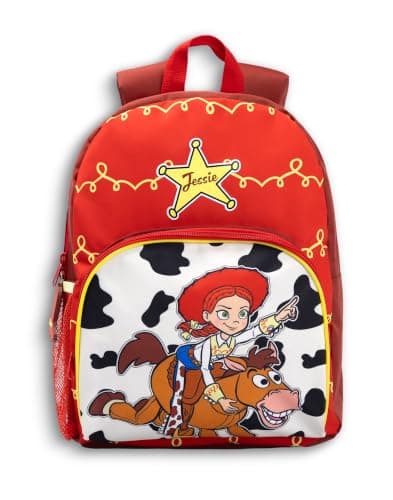 Disney Toy Story Girls Red Jessie Backpack | Adjustable Padded Straps, Front Zip Pocket & Mesh Side Pocket | Back to School Rucksack with Bullseye Graphic Merch