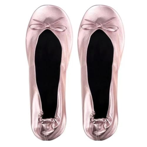 Momolaa UK 5.5 Ladies Roll up Shoesportable Travel Ballet Flat Fold up Pumps After Party Shoes Slipper (with Carrier Pouch) A0_Clearance Rose Gold