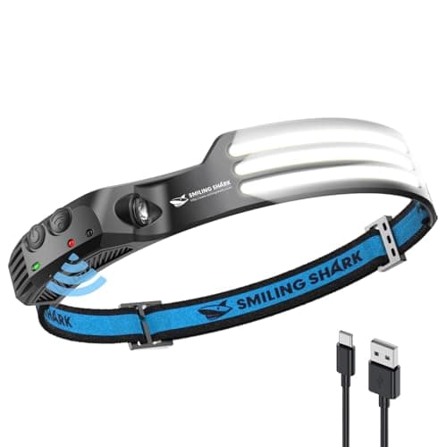 Smiling Shark LED Headlamp, 230°Wide Angle 3*White Light Strips the Brightest Head Lamp Rechargeable with Motion Sensor Waterproof Headlight for Camping Hiking Outdoor, Head-Lamp-LED-Frontale-Light
