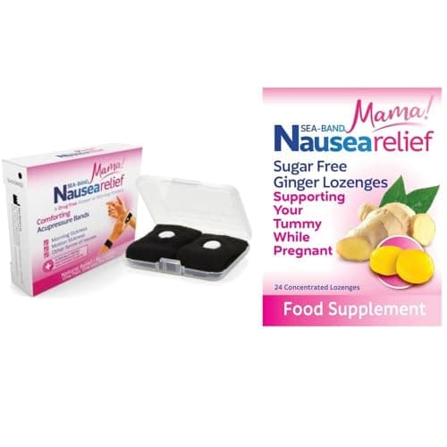 Sea-Band Mama! Motion Sickness, Nausea and Morning Sickness Relief, Ginger Lozenges and Acupressure Wristbands Bundle, (1 x Pack of 24 Ginger Lozenges and 1 x Pair of Adult Black)