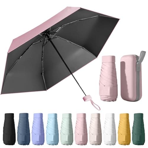 WoRuyKot Mini Travel Umbrella, 6 Ribs Mini Umbrella, UV Foldable with Capsule Box, Travel Waterproof and Windproof for Men and Women (Pink)