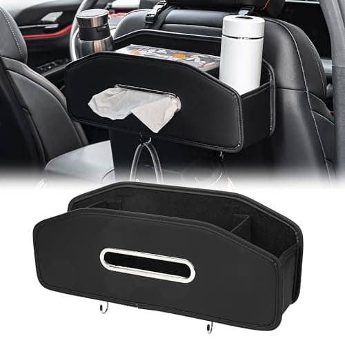 Qirc Car Seat Back Organizer with 2 Cup Holder, Headrest Backseat Hanging Storage Box with Hooks, Multifunctional Car Rear Seat Tissue Box Storage for Home and Travel (Black)