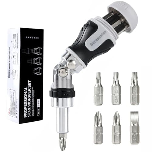 Gareschten 7-in-1 Multi-Angle Ratchet Screwdriver Set, 180° Pivoting Pocket Screwdriver with 6 CRV Bits (PH/SL/Torx) Inside Handle, Professional Compact Stubby Screwdriver Tool for Tight Spaces