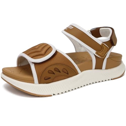 ONCAI Walking Sandals Womens,Arch Support Hiking Sandals with Orthotic Outdoor Footbed for Plantar Fasciitis,Water Athletic Platform Sandalias Mujer with 3 Adjustable Strap Khaki White Size 6.5