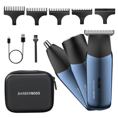 BarberBoss 3-in-1 Travel Trimmer Kit for Men, Beard & Hair Trimmer, Nose & Ear Trimmer, Mini Shaver, Men’s Electric Shaver, Dual-Speed Control, Male Electric Grooming Set, QR-2212