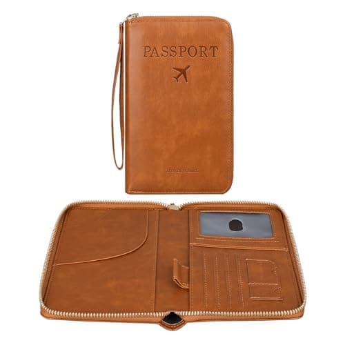 komforbaa RFID Travel Passport Wallet for Women & Men, Passport Holder with Phone Pocket, Holds Cards Cash & Boarding Pass, Travel Family Organizer, Brown