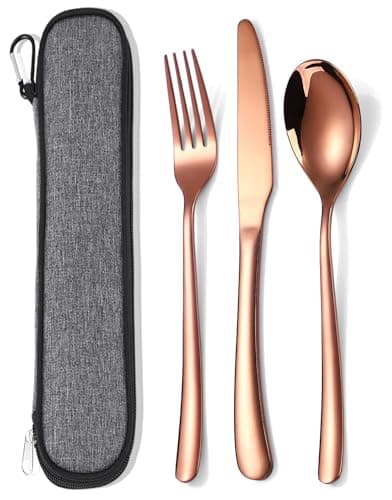 MURRI&MURRDI Stainless Steel Cutlery Set for 1, Reusable Flatware Set with Case, Cutlery Set for Work Stainless Steel Knife Fork Spoon Set 3 Piece (3 Rose Gold)