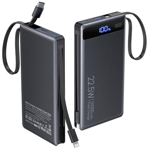 Power Bank 10000mAh, Portable Charger with 2 Built-in Cables (USB-C and Lightning),Fast Charging Battery Pack Compatible with iPhone 17 16 Plus Pro Max,Galaxy,iPad,Tablet–Slim Travel Essential(1 Pack)