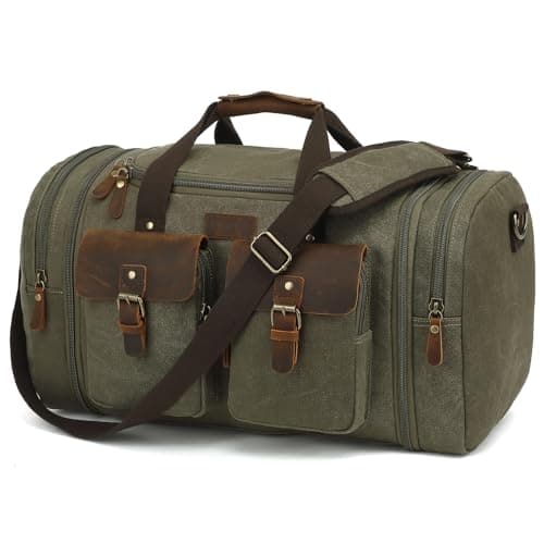 Imyth 60L Large Capacity Leather Duffle Bag - Classic Vintage Expandable Canvas Weekend and Overnight Travel Bag, Airplane Carry-On Luggage(Army Green)