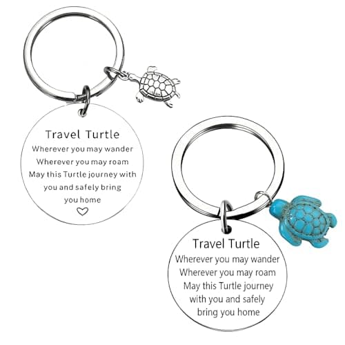 2 Pcs Travel Turtle Keyring Set, Meaningful Safe Travels Gifts for Women Men, Engraved "Safely Bring You Home" Keepsake Keychain for Gap Year Backpacking, Going Away Leaving Present for Friends