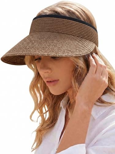 AlturaGo Sun Visor Hat for Women Summer Beach Vacation Essential Ponytail Friendly Travel Foldable Packable UPF 50+, Brown, One Size
