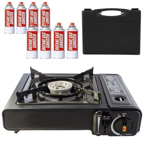 Trendi Portable Camping Stove with 8 Gas Canisters – Complete Outdoor Cooking Set with Carry Case, EN417 Gas Compatibility, Auto Ignition & Adjustable Flame