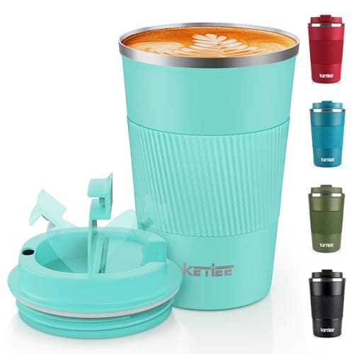 KETIEE Travel Mug Insulated Coffee Cup Stainless Steel 380ml with Leakproof Lid, Double Walled Coffee Travel Mug, Reusable Coffee Cups Travel, Coffee Mug for Hot Cold Drinks, T-Blue