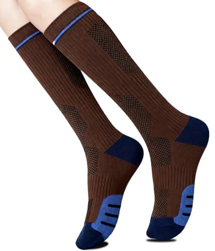 AmiCera Compression Socks for Women, Running Socks Knee High Compression Stockings for Sports Flying Fitting, Ankle Support Breathable Durable, Maternity Pregnancy Nurses Travel Cushion Sock,Brown