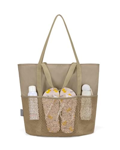 Beach Bag with Zip and Pockets Small Beach Tote Bags for Women, Khaki