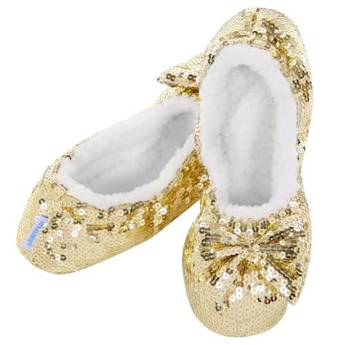 Gold Ballerina Bling Snoozies Large (UK 6 - 7) - Sherpa Fleece Slippers Cosy Foot Coverings, Gold, 7 UK
