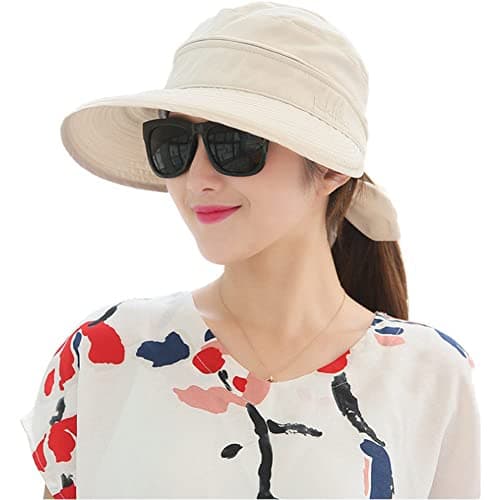 XINCHIA Women Sun Visor Hat Wide Brim Summer UV Protection Cap Golf Visor Hat Beach Visors Caps for Women Removable Topless Foldable Summer Travel Hats Packable Ladies Bucket with Bowknot Beige