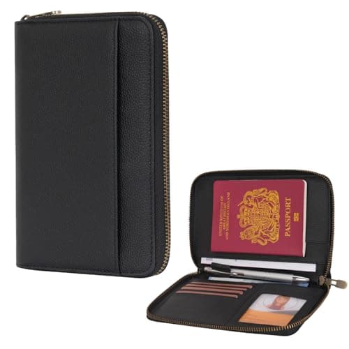 WASON Leather Zipper Travel Passport Wallet Holder RFID Blocking Cover, Passport case Pocket Slot for Card, Cash, ID, Boarding Pass and Ticket for Men, Women and Family Trips (Black)